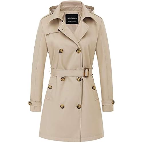 CREATMO US Women's Trench Coat Double-Breasted Classic Lapel Overcoat Belted Slim Outerwear Coat with Detachable Hood