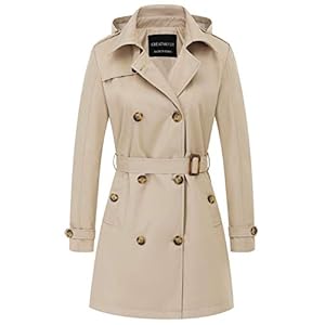 CREATMO US Women’s Trench Coat Double-Breasted Classic Lapel Overcoat Belted Slim Outerwear Coat with Detachable Hood