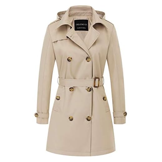 CREATMO US Women's Trench Coats Mid Long Jacket Trench Coat with Belt Khaki S