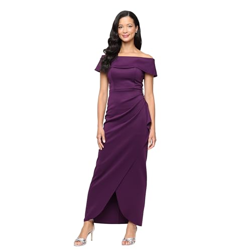 Alex Evenings Women's Stretch Scuba Crepe Off The Shoulder Dress with Foldover Cuff Neckline and Embellishment Detail Plum