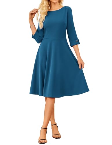 Image of GRACE KARIN Women Summer 3/4 Sleeve Business Work Dresses OL Flared A-Line Midi Dress for Office Wear Denim Blue XL