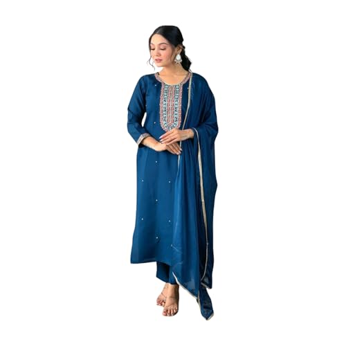 Image of Shiv Textiles Women's Chanderi Silk Embroidered Kurta Pant Dupatta Set(JDA-Lilly-RAMA-XL)