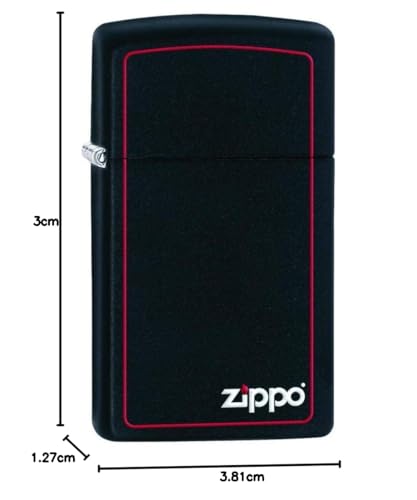 Zippo Windproof Lighter - Slim Black Matte - Red Border with Logo - Colour Image - Refillable - Reusable - Gift Box - Metal - Made in USA
