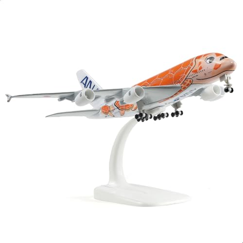 QIYUMOKE 1/300 ANA A380 Orange Turtle Style Design Metal Diecast Airplane Model for Airbus A380 Model Airplanes (7 inches) with Display Stand for Aircraft Gifts or Alloy Airplane Collection - JA381A