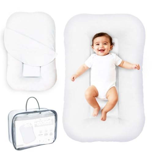 Image of Aila + Aiden Baby Lounger | Organic Cotton Infant Lounger | Adjustable & Portable Floor Lounger |Supervised Use | Soft, Breathable, Washable Cover - Snuggle Collection - (White)