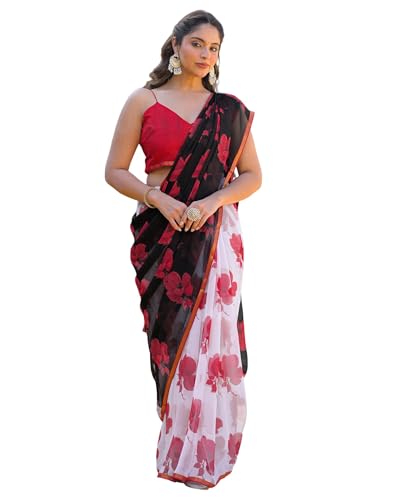 Image of SIRIL Women's Chiffon Printed Saree With Unstitched Blouse Piece