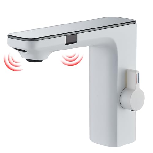 HARNART Robinet Automatique sans Contact pour Salle de Bain,Robinet d'Évier de Salle de Bain Alimenté par Piles en Laiton Activé par le Mouvement Mains Libres avec Boîtier de Contrôle,Blanc