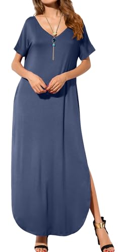 Image of GRECERELLE Women's Summer Maxi Dress Casual Loose V Neck Short Sleeve Side Split Long Dresses with Functional Pockets