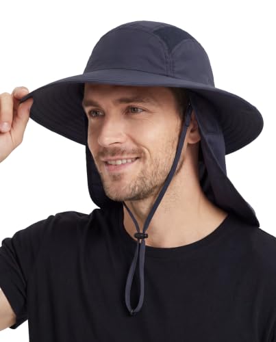 Home Prefer Mens UPF 50+ Sun Protection Cap Wide Brim Fishing Hat with Neck Flap (Ink)