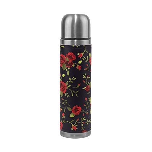 Mnsruu Nahtloses Blumenmuster Mit Roten Rosen Isolierte Wasserflasche Thermoskanne Edelstahl Doppelwandig Auslaufsicher Vakuum Reisekaffeetasse Echtes Leder Abdeckung 500 ml