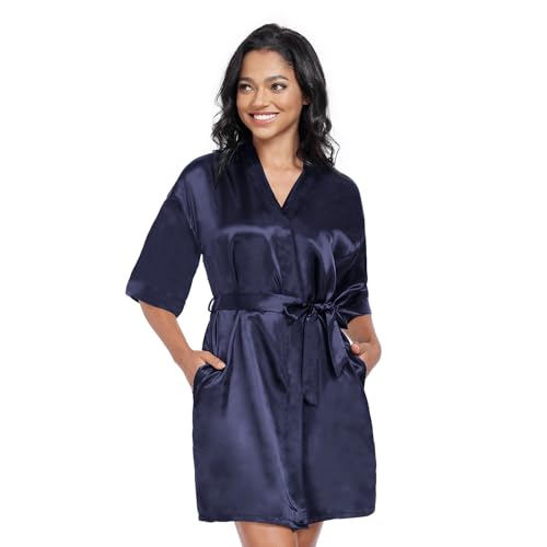 Image of Women's Short Satin Robes Lightweight Silky V-Neck Sleepwear Wedding Bridal Party Bride Bridesmaid Bathrobes