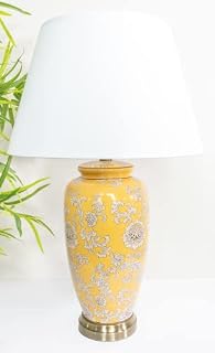 DOWNTON INTERIORS Large Yellow Chinese Oriental Ceramic Porcelain Table Lamp White Floral Pattern Overall Height 68cm G2113 (White Plain Shade)