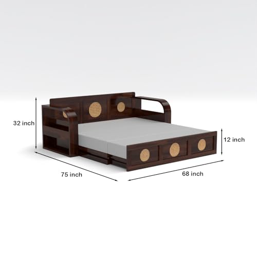 Image of Kunjal Furniture Solid Sheesham Wood Sofa Cum Bed with Storage for Living Room | Natural Finish | 3-Seater Convertible Sofa Bed | Handmade Wooden Furniture (Walnut, Round Cane)