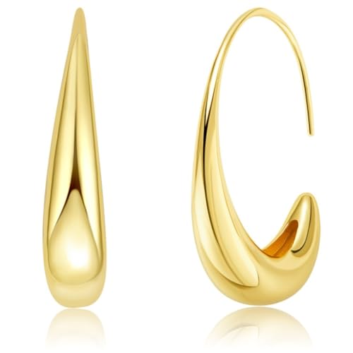 Lightweight Teardrop Hoop Earrings for Women,14k Gold Plated Large Oval Pull Through Hoop Earrings High Polished Statement Jewelry Gift for Women