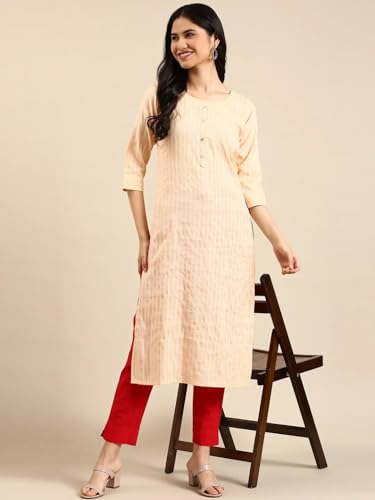 Image of SHOWOFFFF Women Woven Design Straight Ethnic Kurta | Round Neck 3 /4th Sleeves Cotton Kurta for Womens | Regular Fit Calf Length Kurta for Women's