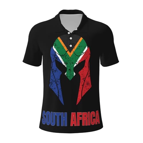 South Africa Flag Helmet Polo Shirts for Men, Classic Short Sleeve Collared Golf Polo, Casual Business Slim Fit Tops X-Large