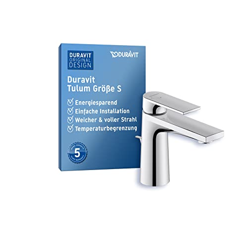 Duravit Tulum Waschtischarmatur, Größe S (Auslauf Höhe 97 mm), Wasserhahn Bad mit Zugstangen-Ablaufgarnitur, Waschbecken Armatur, Chrom