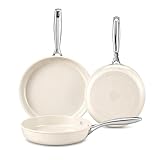 Sartén Antiadherente Induccion, Pequeña Sarten Recubrimiento Ceramica, Fondo de Aluminio Para un Calentamiento Uniforme, Con Mango de Acero inoxidable, Sin PFOA ni PTFE ni PFAS (Beige, 20/24/28cm)