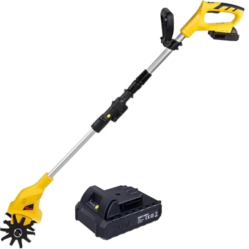 Cultivador de tierra, motocultor eléctrico para jardín con 1 batería de 2000 mAh y cargador, ancho de labranza de 10 cm, profundidad de trabajo de 10 cm, motocultor eléctrico para cultivo de