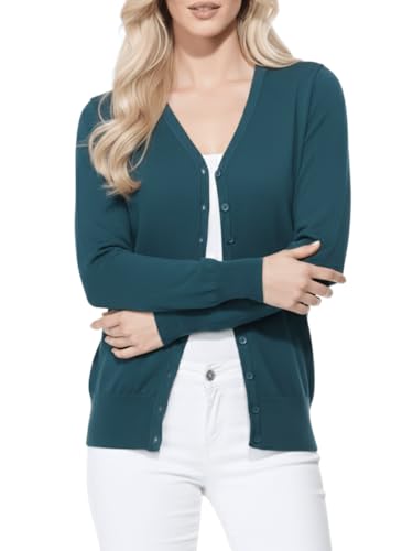 Image of YEMAK Women's Knit Cardigan Sweater - Long Sleeve V-Neck Basic Classic Casual Button Down Knitted Soft Lightweight Top