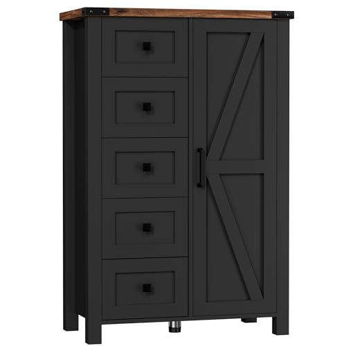 VVFLU Farmhouse Tall Dresser Chest of Drawer for Bedroom, 5 Drawer Storage Cabinet with Barn Door, 48 Inch Tall Wood Dresser, Adjustable Shelves, Rustic, for Living Room, Entryway, Hallway