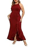 Keluummi Dresses for Women, Plus Size Formal Evening Gown, Elegant Long Wedding Dress, Mermaid, Halter Neck(20 Plus, Wine Red)
