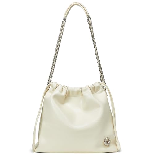 LA FESTIN Leather Tote Bag for Women-Stylish Purse with Chain Strap Luxury Soft Fashion Tote for Work Beige