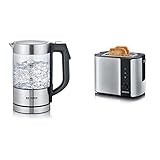 SEVERIN Digitaler Mini Glas Wasserkocher, kompakter Wasserkocher mit Temperaturauswahl, schwarz, WK 3458 & Automatik-Toaster, Toaster mit Brötchenaufsatz, 800 W, Edelstahl-gebürstet/schwarz, AT 2589