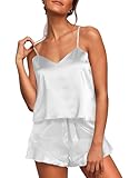 Aamikast Womens Silk Satin Pajama Sets Sexy Cami Ruffled Shorts Sets 2 Piece Pjs Sleepwear (Large,White)