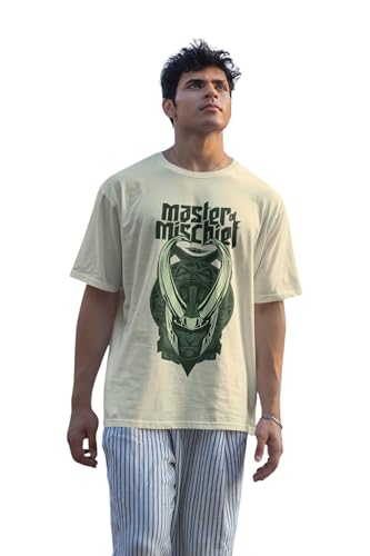 Image of SYOM Men's Oversized Graphic T-Shirt - Half Sleeve, Round Neck, Cotton-Blend Drop Shoulder Tee with inchLoki inch Logo & inchMaster Mischief inch Print