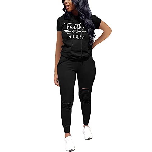 Image of Nimsruc Two Piece Outfits For Women Summer Womens Sweatsuits Sets Jogger Set Sweat Suits Tracksuit Black Letter XXL