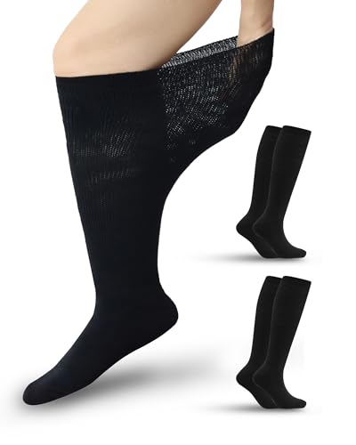YOKEEP Diabetic Socks for Women & Men Extra Wide 2 Pairs Over The Calf Non Binding Diabetic Lymphedema Neuropathy Edema Swollen Feet Cast Boot Socks Bariatric for Women Men Black