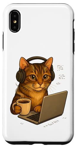 Katze mit Kopfhörern und Kaffee, schreibt Code Nerd Geek IT Hülle für iPhone XS Max