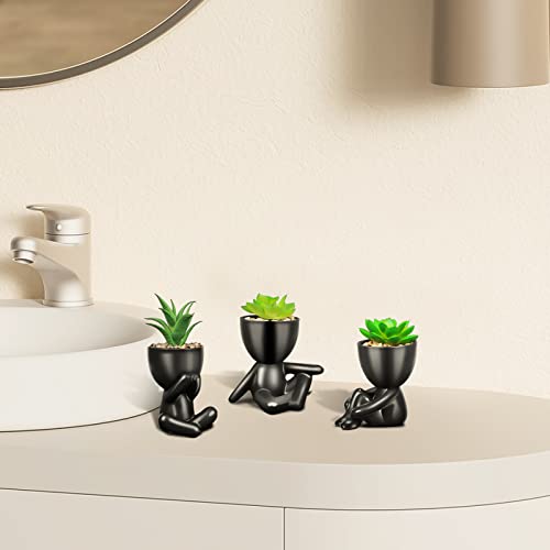 Semsoiio 4Pcs Fake Succulent, Mini Succulents Plants Artificial In Black Modern Human Shaped Ceramic Pots,Cute Faux Plant Desk Decor Desk Plant For Office Decor For Women, Fake Plants Bathroom Decor #TOP3