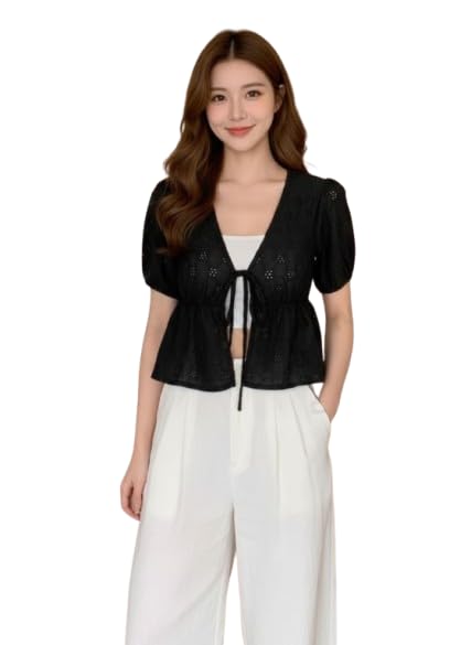 jc jummy couture Women’s Black Tie-Up Front Shrug Top | Short Puff Sleeve Cropped Open Front Cardigan | Lightweight Summer Layering Shrug for Dresses, Tops-picture-23