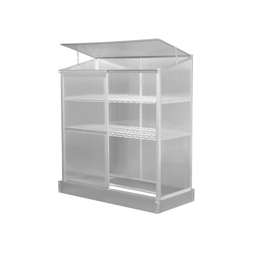 Grindi - Polycarbonat Frühbeet Treibhaus Gewächshaus mit aufklappbarem Dach, Schiebetür und 2 Regalen - Hosta, 130x58x140 - Wandgewächshaus für Garten, Balkon und Terrasse