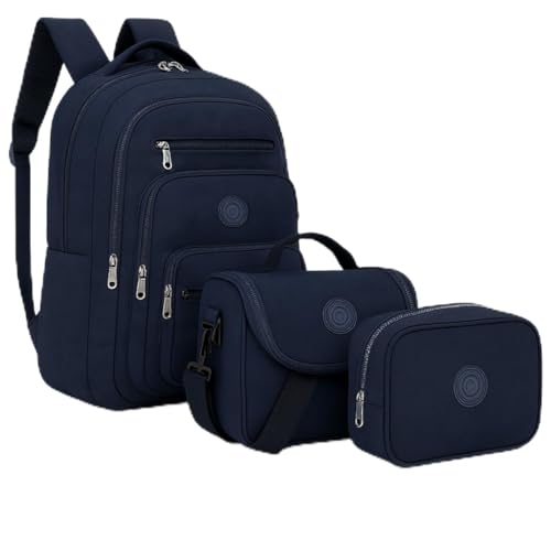 Mochila Escolar Infantil Kit Bolsa Grande De Costas Reforçada Com Lancheira Térmica e Estojo Box Impermeável Juvenil Adolescente Passeio Viagem Notebook Menina Menino Unissex (Azul Escuro)