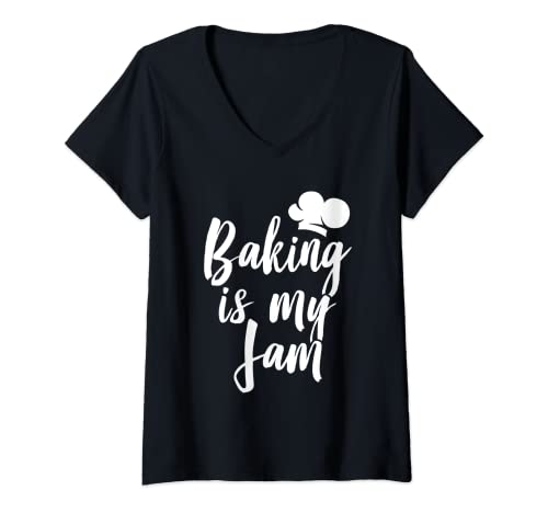 Mujer Baking Is My Jam Bakery, pastelería, pastelería, repostería, pastelería, amante de los pasteles Camiseta Cuello V