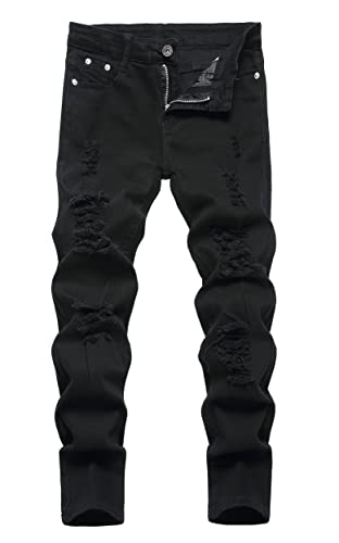 Boy's Skinny Fit Ripped Destroyed Distressed Stretch Slim Moto Biker Fashion Denim Jeans with Holes