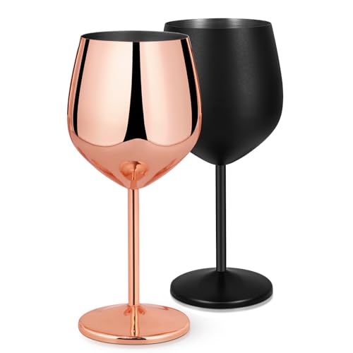 Livole 18oz 550ml Stainless Steel Wine Glasses, Elegant Goblet, Unbreakable Wine Glasses for Cocktail, Camping Wine Glass Set of 2, Red Wine Glass for Travel, Picnic, Party, Rose Gold and Matte Black