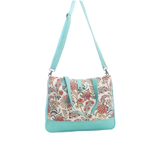 Myra Bag Western Leather Weekender Bag for Women - Upcycled Canvas Shoulder Handbag Turquoise