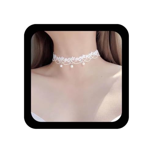 YienDoo Vintage Lace Choker Necklace White Gothic Lace Pattern Necklace Punk Tassel White Pearl Beaded Pendant Choker Princess Bridal Lace Lolita Statement Necklace Jewelry for Women