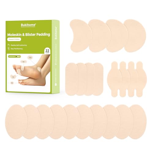 Bukihome Moleskin Adhesive Pads for Feet - Blister Prevention Tape - Moleskin Padding for Blisters, Shoes, Toes, Heel, Reduce Friction Pain - 11 Sheets of 4 Shapes (22 Pieces Total, Beige)