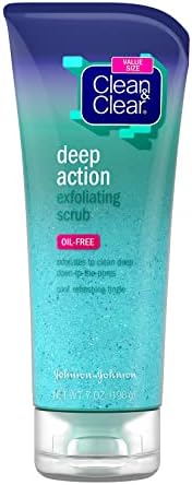 Clean & Clear Oil-Free Deep Action Exfoliating Facial Scrub, Cooling Daily Face Wash With Exfoliating Beads for Smooth Skin, Cleanses Deep Down to the Pores to Remove Dirt, Oil & Makeup, 7 oz