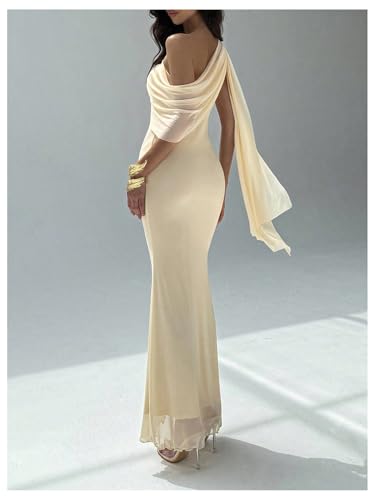 Milumia Women's Asymmetrical Neck Mesh Maxi Dress Short Sleeve Ruched Bodycon Cocktail Wedding PartyDresses2