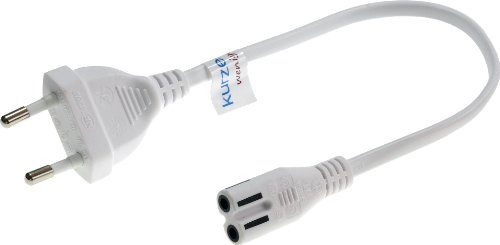 kurzes Netzkabel (Stromkabel mit Euro-Flachstecker auf Euro-8-Buchse). weiß. 30cm.
