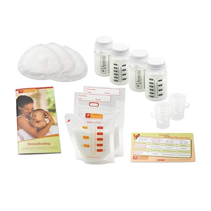 AmedaBreast Pumping Accessory Kit Includes: (10) NoShow Premium Disposable Nursing Pads, (20) Store 'N Pour Milk Bags with (2) Adapters, (4) Milk Storage Bottles, Milk Storage Guidelines