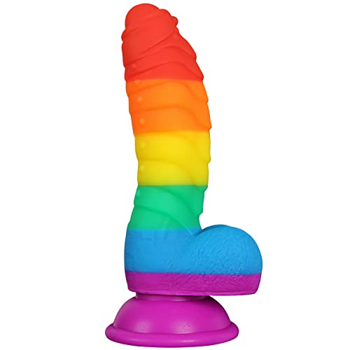 LZYAA Realistic Dildo Rainbow Penis Soft Liquid Silicone Material 2 Balls G-spot Adult Sex Toys Strong Suction Cup for Hand-Free Discreet Package(Rainbow)