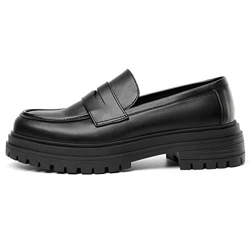 Mostrin Black Loafers For Women Lug Sole Platform Mid Chunky Heel Loafers Classic Round Toe Slip On Loafers Comfortable Penny Casual Shoes Size 9 #TOP2