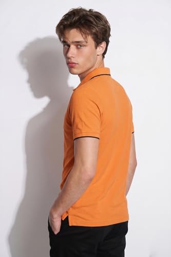 Image of Peter England Men's Snug Fit Solid Polo T-Shirt with Coloured Collar Tipping| Cotton Rich| Premium Pique Weave